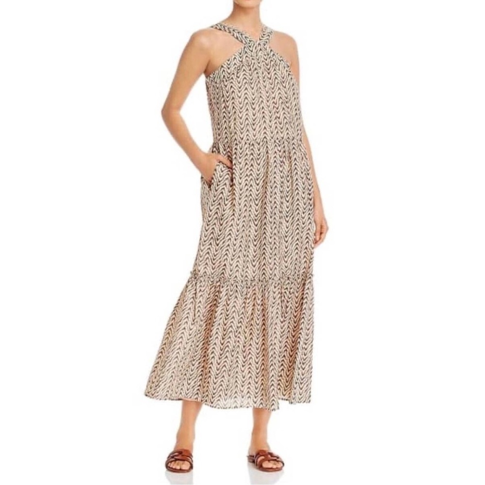 Joie Rosabel Printed Tiered Dress, Brown Cream Halter Geometric Pattern, Size XS